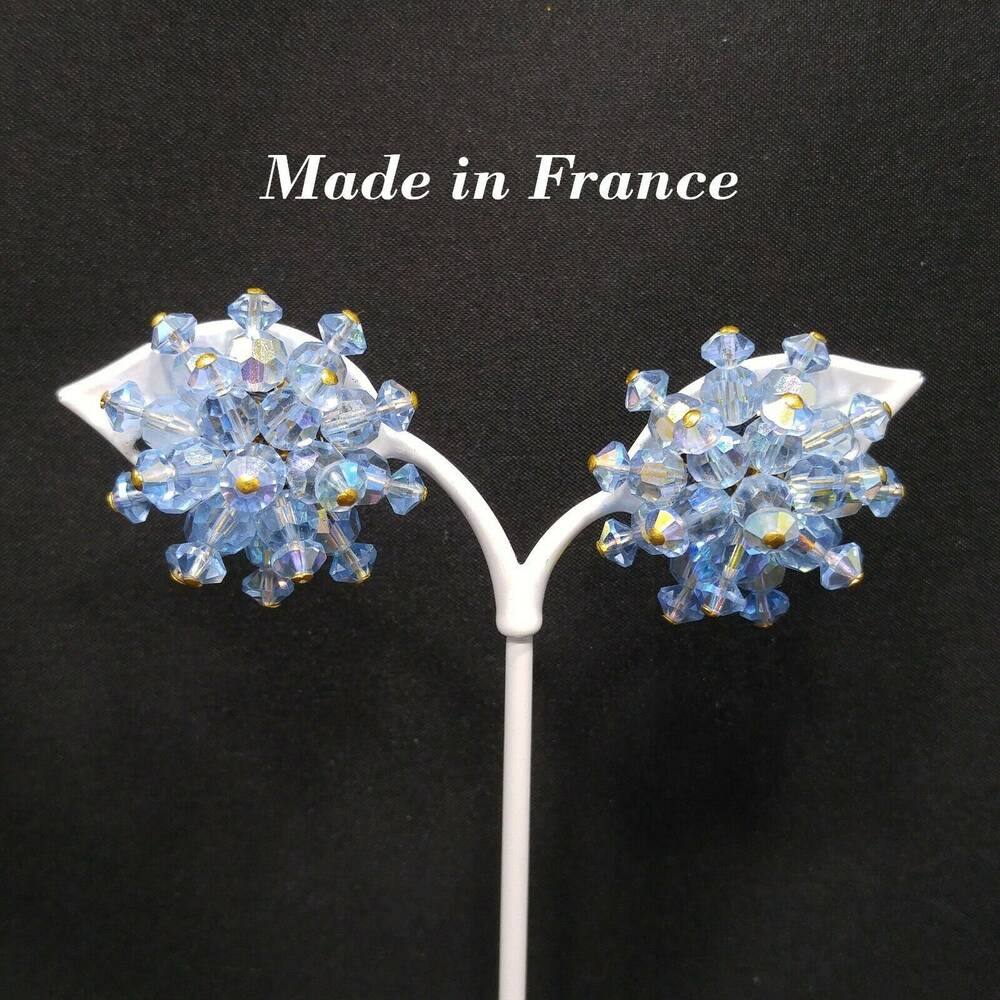 Vintage Blue Aurora Borealis Crystal Beaded Clip Earrings, Made in France, 1950s